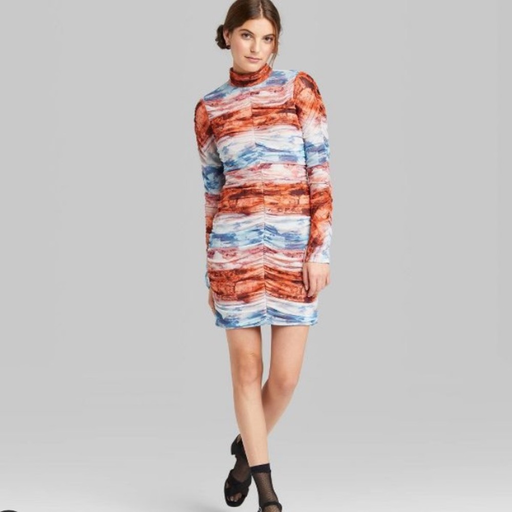 🌊 NWT Wild Fable Long Sleeve Blue Rust Tie Dye Printed Tulle Mesh Dress | S